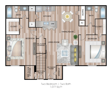 Two Bedrooom / Two Bath - 1077 Sq.Ft*